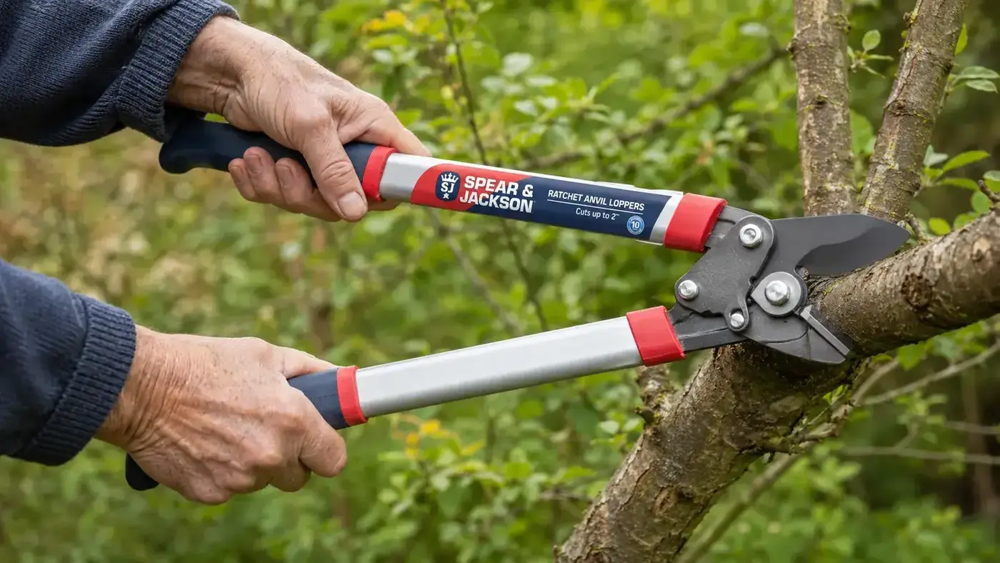 Close-up of Spear and Jackson 8290RS ratchet loppers mid-cut on a two-inch branch