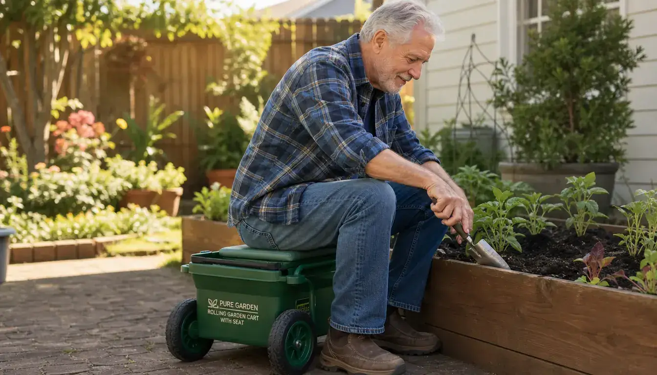 Gardener rolling the Pure Garden cart seat along a garden path between two long planting rows