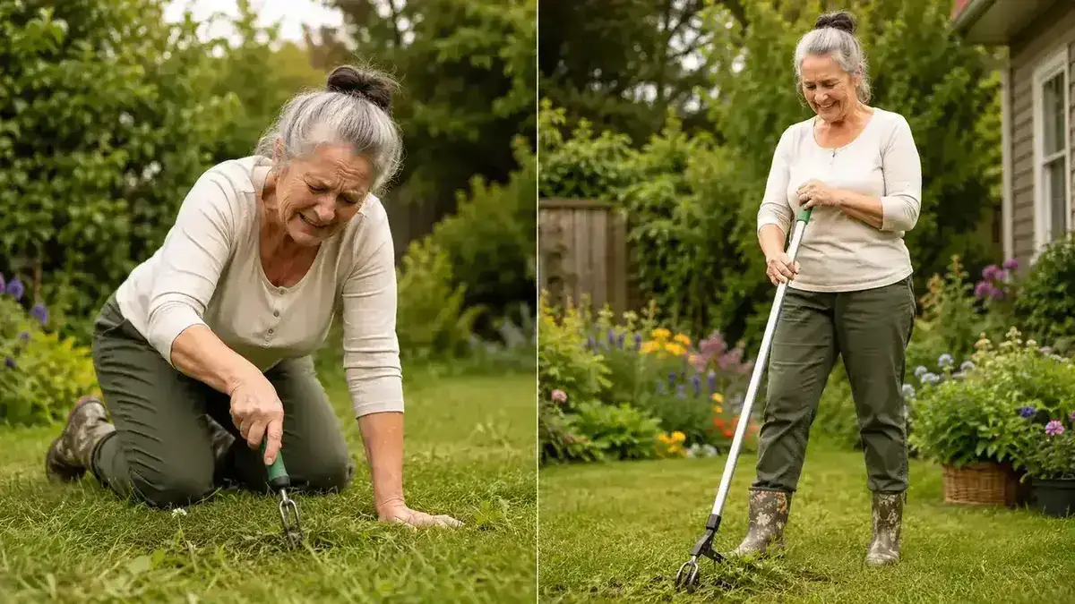 Side-by-side view comparing a person kneeling painfully to weed versus standing upright using a long-handled weeder