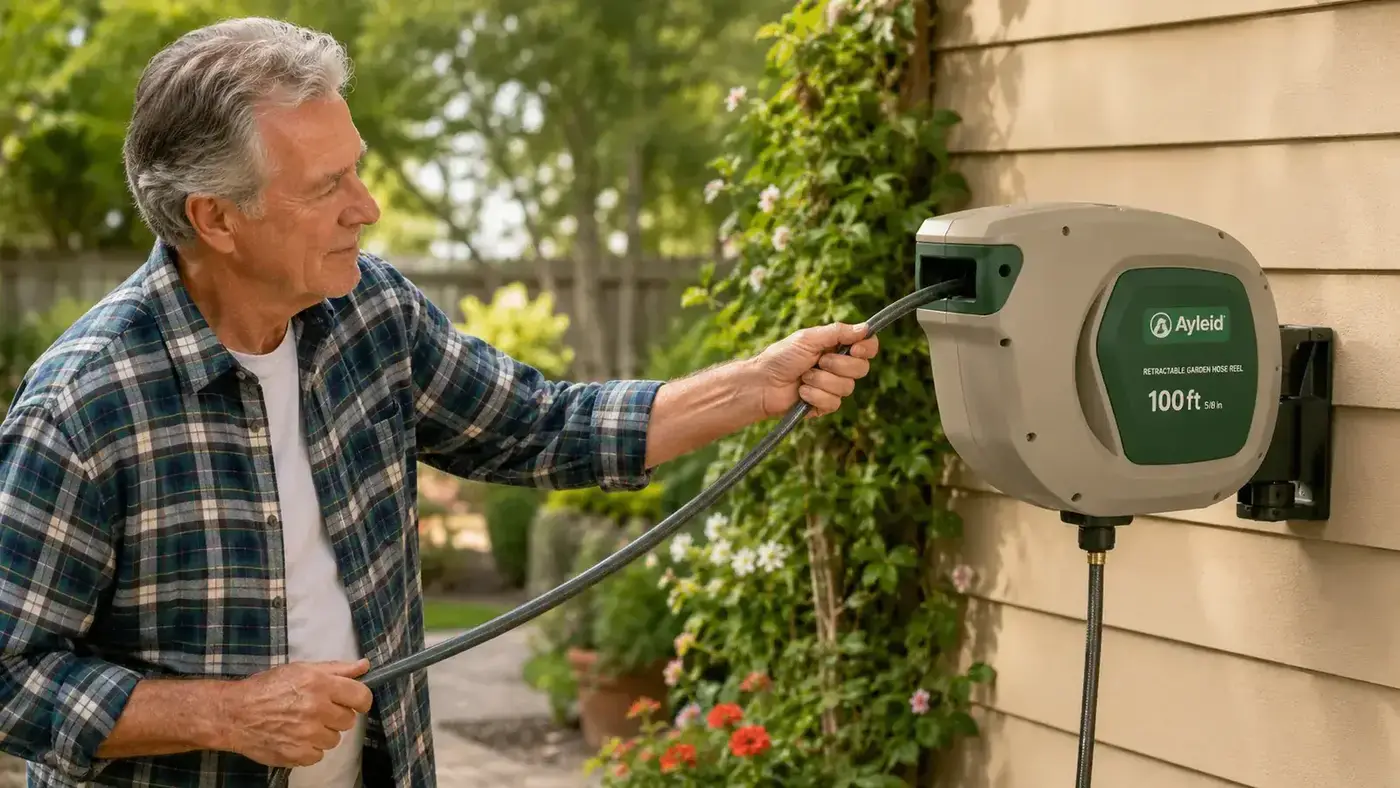 Older man's hands pulling a retractable hose reel handle away from a wall-mounted bracket, hose extending smoothly
