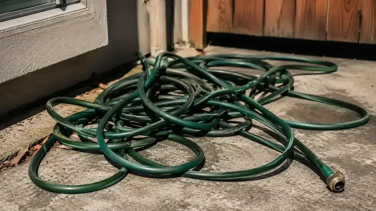 Close-up of a tangled green garden hose coiled on concrete patio, looking messy and hazardous