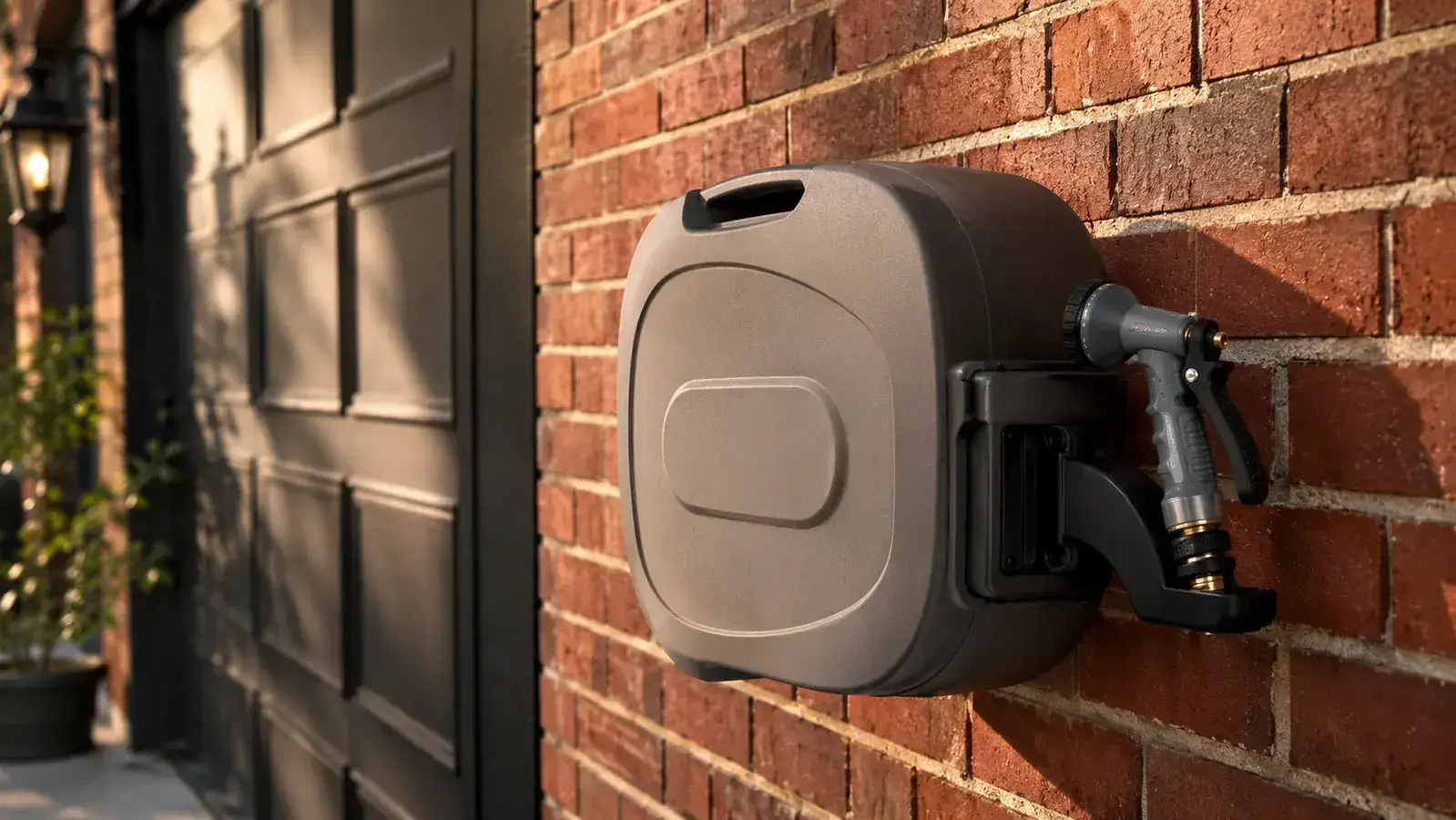 Retractable hose reel mounted on a brick exterior wall with hose fully retracted inside the casing and spray nozzle hanging from a side clip holder