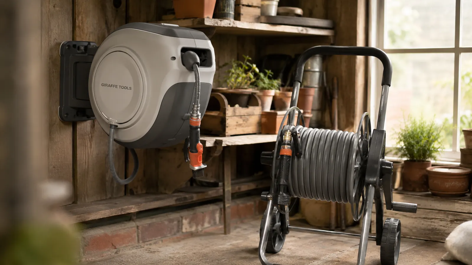 Retractable wall-mount hose reel beside a portable rolling hose cart inside a garden shed