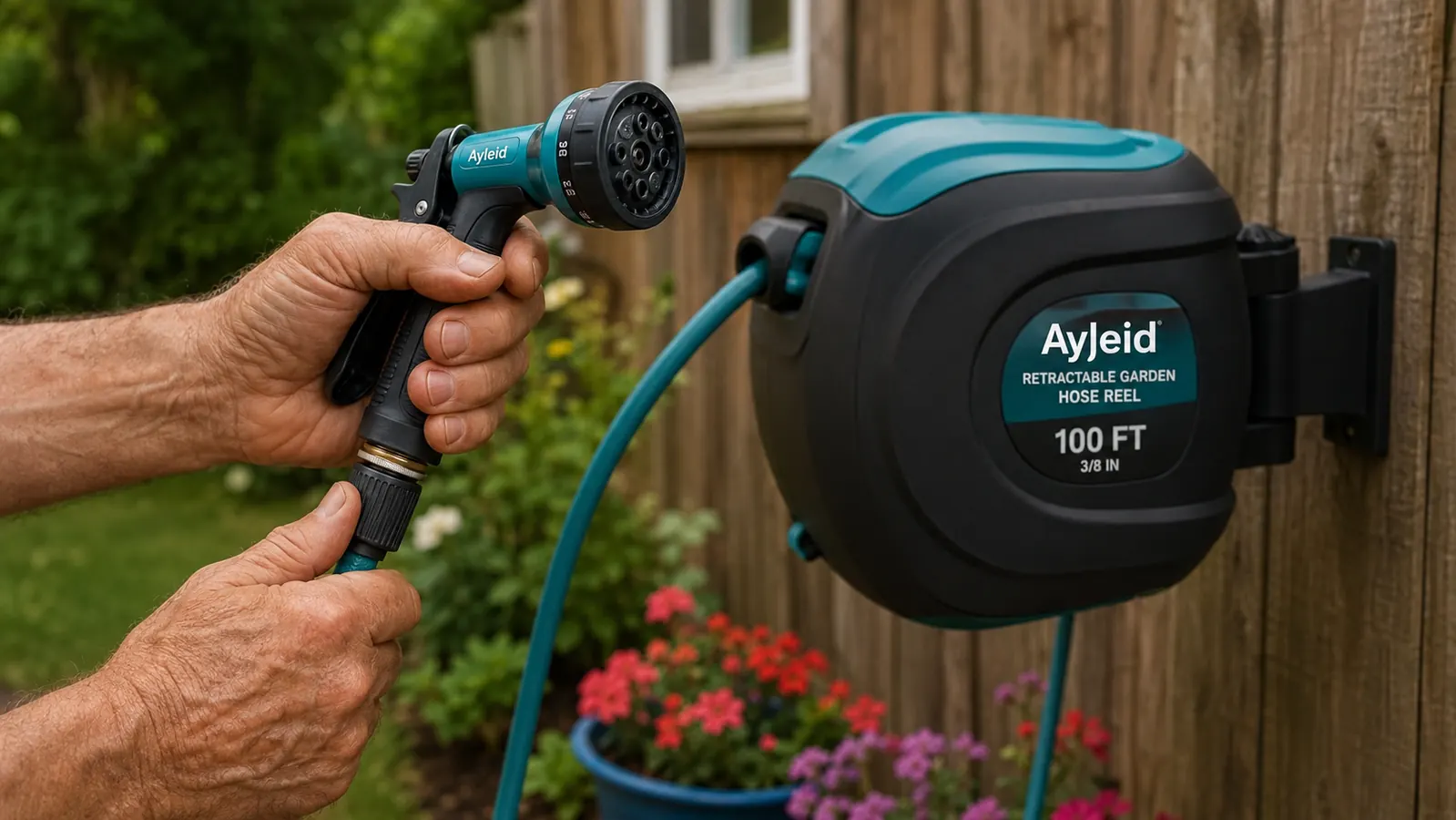 Close-up of the Ayleid nine-pattern sprayer nozzle held in one weathered hand
