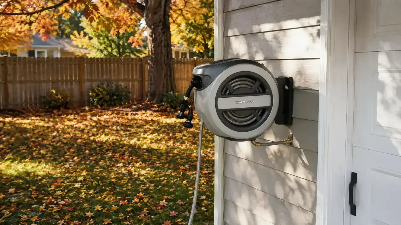 Retractable hose reel mounted on a garage wall with autumn leaves on the lawn below