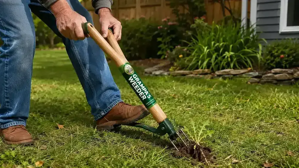 Close-up of the 4-claw steel head of Grampa's Weeder gripping a dandelion root as it is pulled from the ground