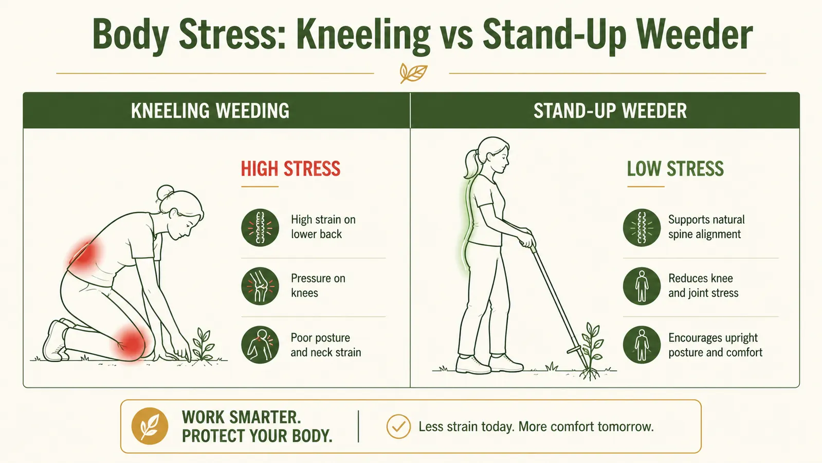 Chart comparing weeding postures: standing with a stand-up weeder versus kneeling, showing back and knee stress levels
