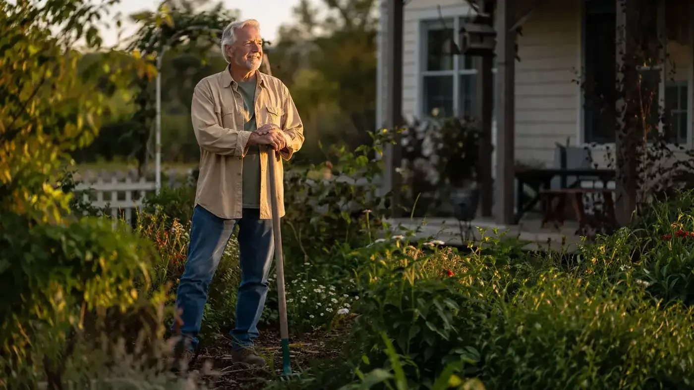 Older man standing upright in a garden after using a stand-up weeder, no bending required
