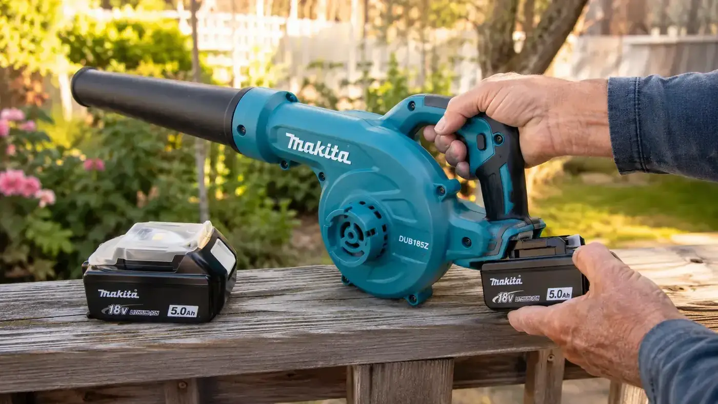 18V lithium-ion battery being clicked into a cordless leaf blower on a wooden deck railing, second charged battery sitting nearby