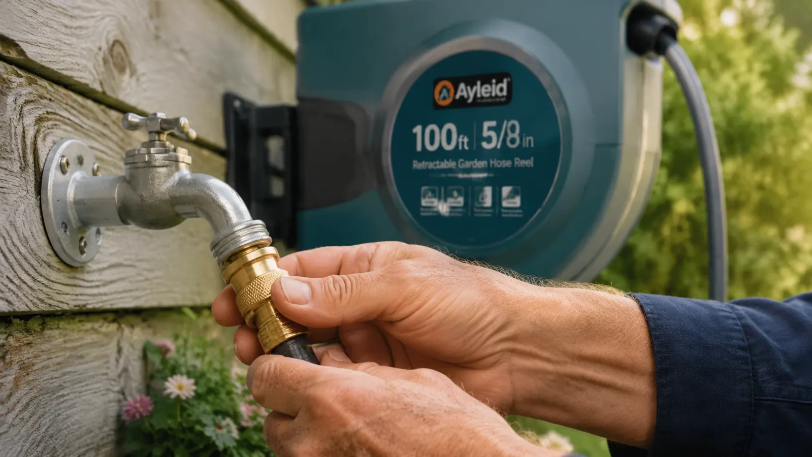 A garden hose leader connector screwed onto an outdoor spigot with the Ayleid retractable reel visible in the background on the wall