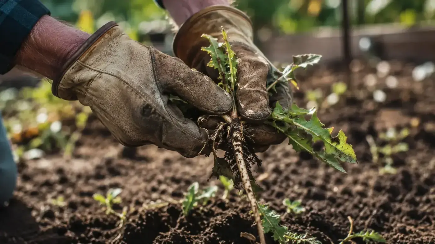 Close-up of a gardener's gloved hands pulling a weed at the root while seated at soil level