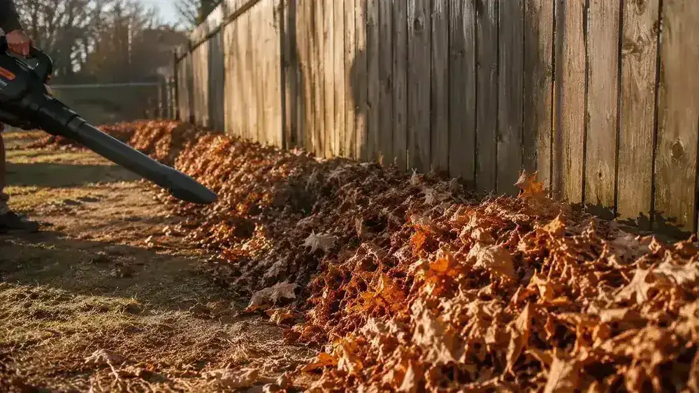 Leaf debris being directed into a neat pile along the fence line by a cordless blower
