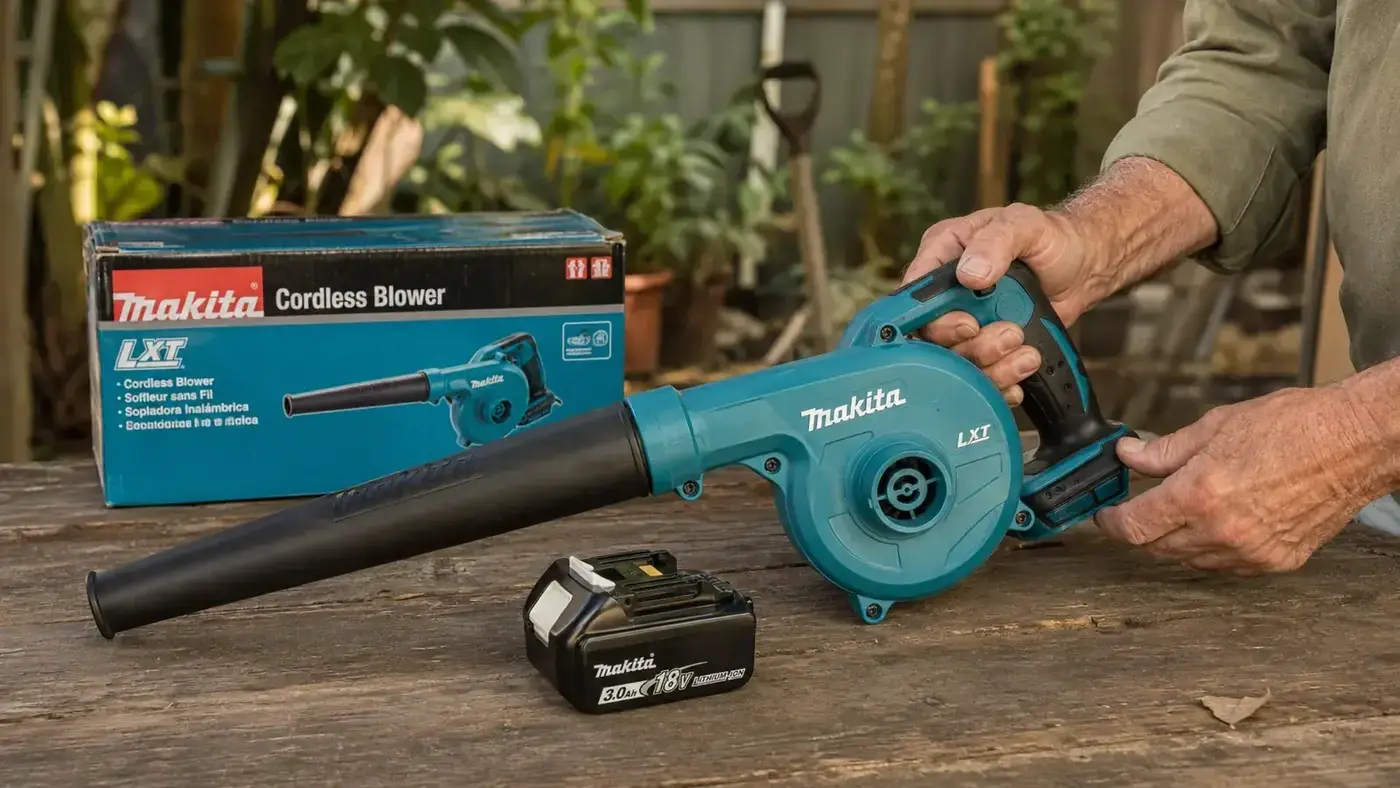 Makita DUB185Z handheld cordless leaf blower resting on a wooden workbench next to an 18V LXT battery
