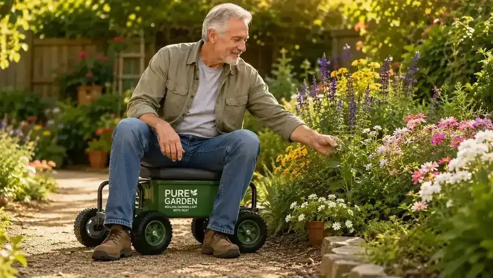 Close-up of the Pure Garden rolling garden cart seat on a garden path, showing the green plastic seat, four swivel casters, and the small integrated tool tray