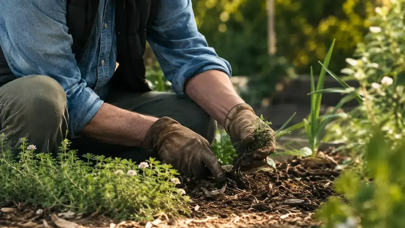 Man's gloved hands reaching forward from a seated position to pull a weed from a garden bed, knees relaxed, body upright