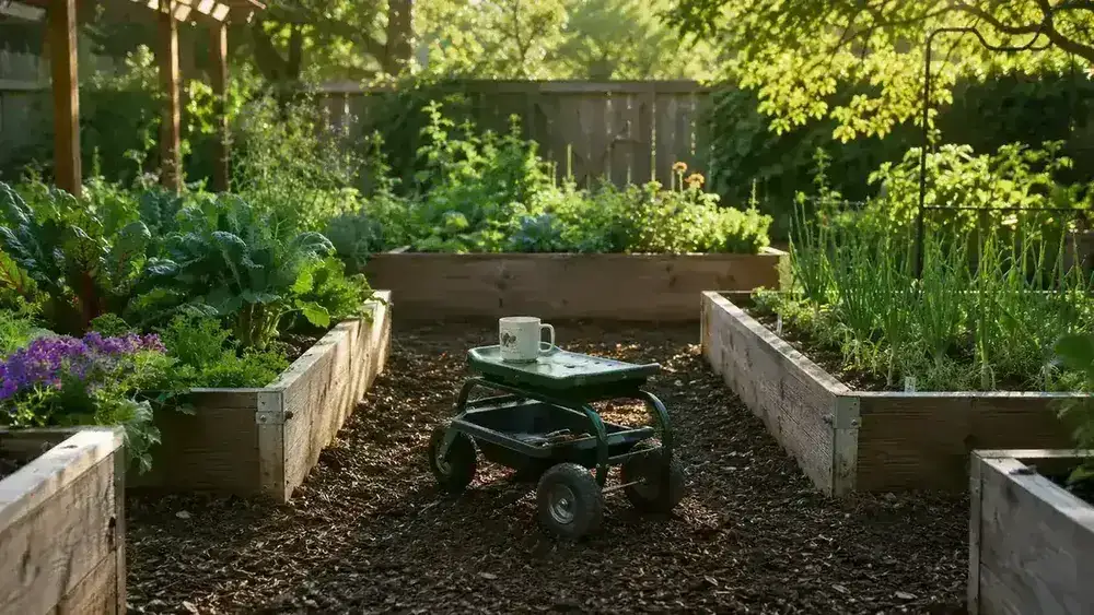 A tidy backyard garden with planted rows, a rolling garden stool sitting between beds, coffee mug resting on the tray