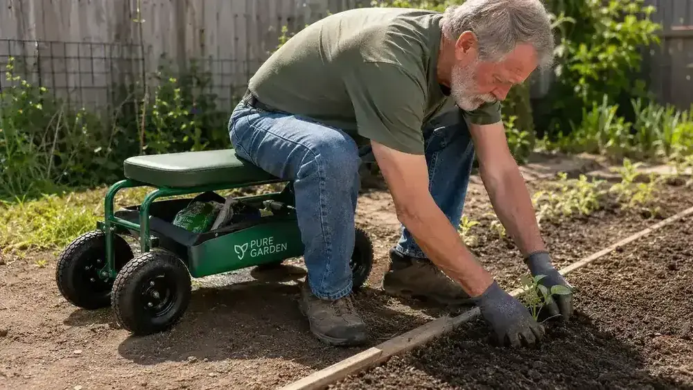 Older man sitting on the green rolling garden cart, leaning forward to plant seedlings along a flat garden row