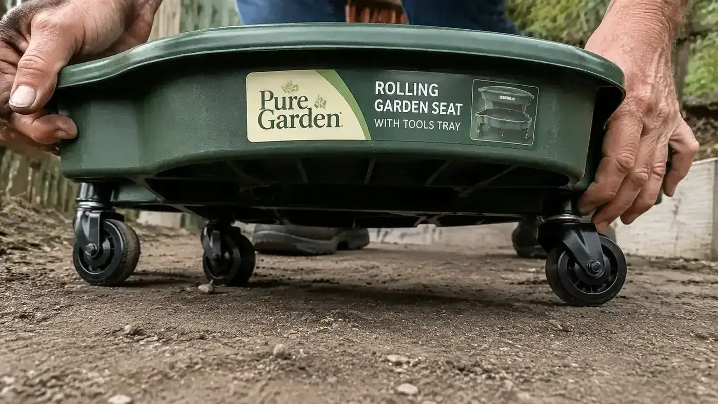 Close-up of the rolling garden seat's plastic wheel and axle assembly on bare compacted soil