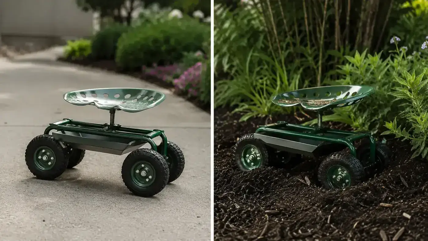 Comparison scene: rolling garden seat on a smooth concrete path versus stuck tilted in soft garden mulch