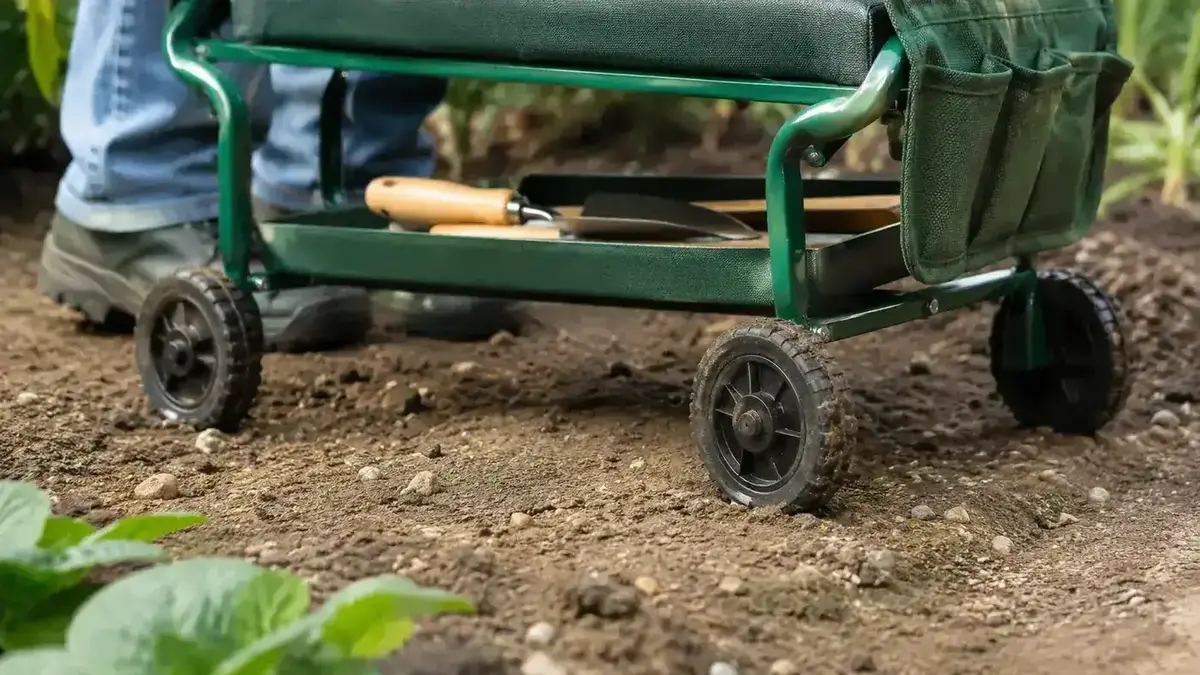 Close-up of rolling garden cart wheels on uneven garden soil, showing tilt on slightly rough ground