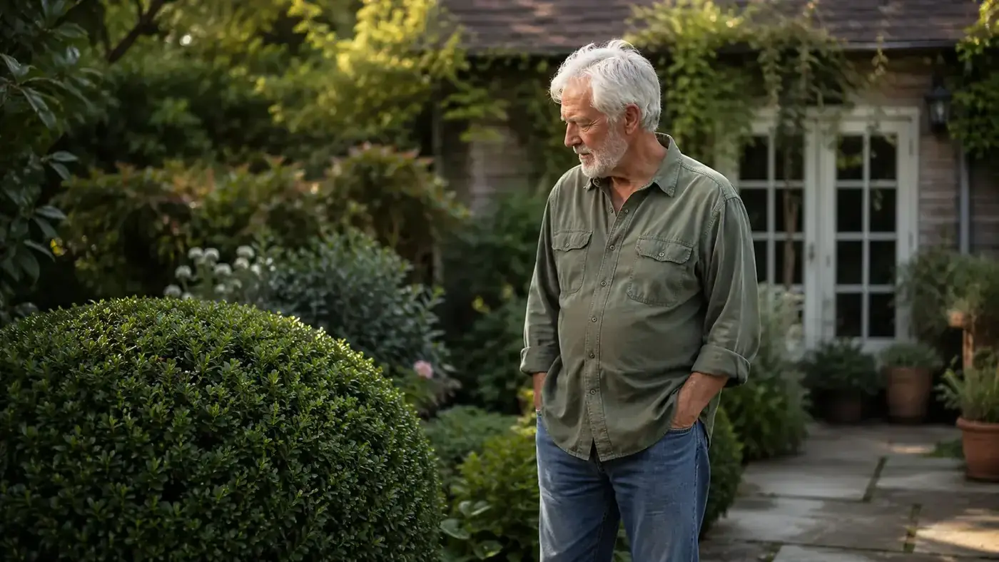 Older man in a garden standing upright and looking down at a freshly cut shrub, pruning done for the day