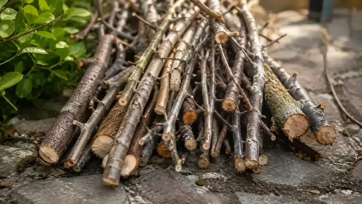 A stack of pruned branches ranging from finger-thin to wrist-thick, sorted by diameter on a garden path