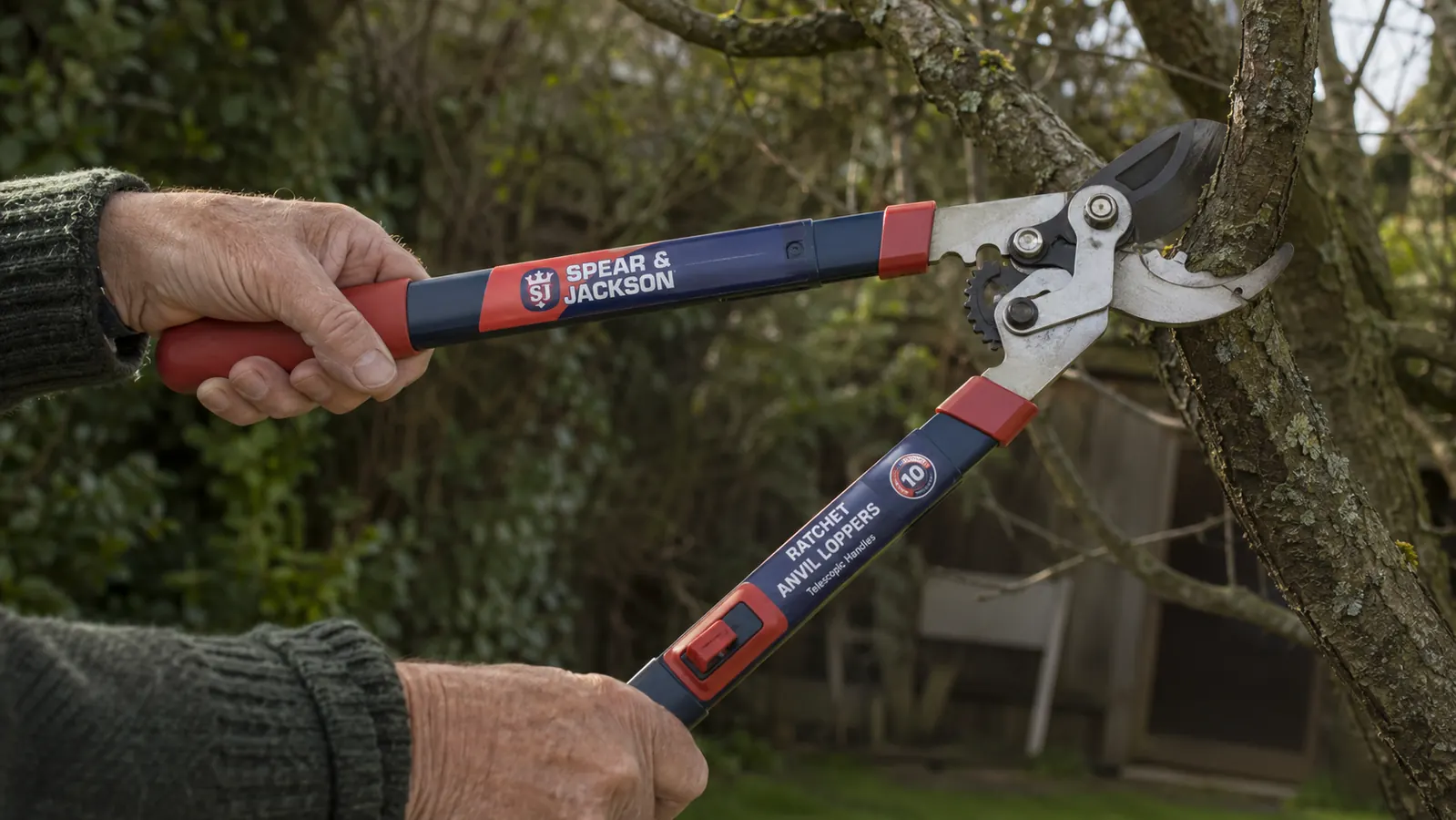 Close-up of the ratchet mechanism on the Spear & Jackson 8290RS loppers, showing the stepped gear assembly near the blade pivot