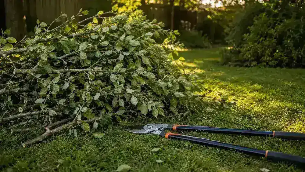 Pile of freshly cut branches and crape myrtle trimmings on a lawn beside a pair of loppers