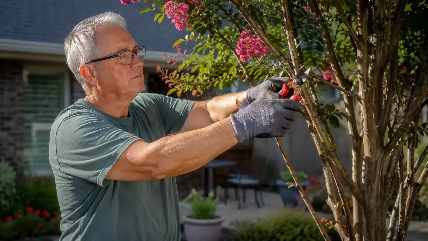 Older gardener pruning a large crape myrtle with loppers on a sunny afternoon